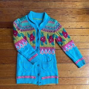 Patterned green button down long cardigan sweater - Room Seven